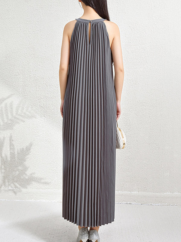 Hollow Pleated Pockets Solid Color Loose Sleeveless Halter-Neck Maxi Dresses
