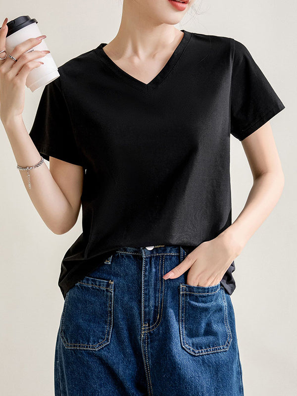 Solid Color Loose Short Sleeves V-Neck T-Shirts Tops