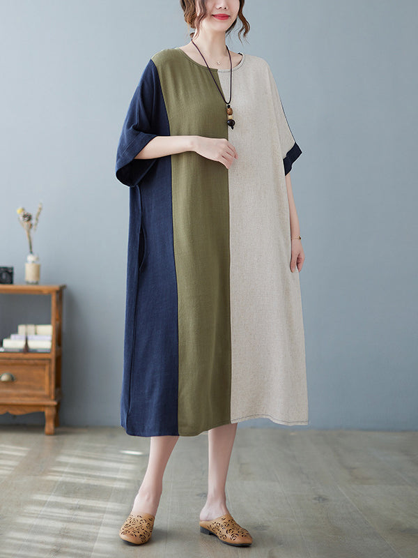 Contrast Color Half Sleeves Loose Round-neck Midi Dresses