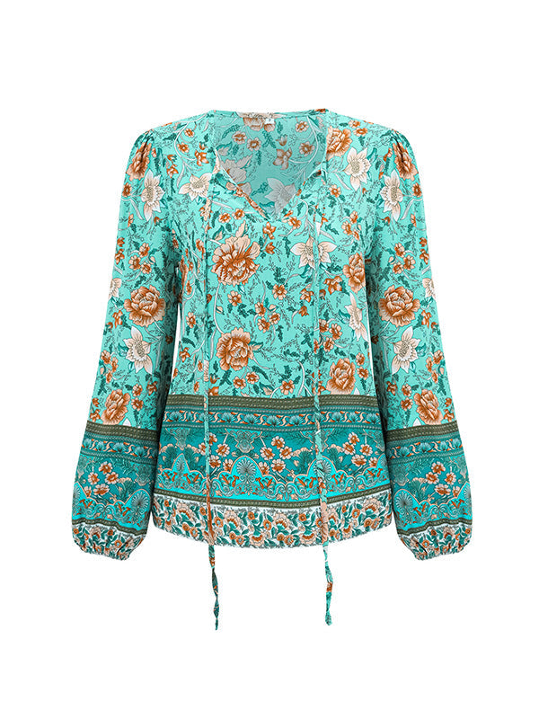 Elasticity Flower Print Tied Long Sleeves Loose V-Neck Blouses&Shirts Tops