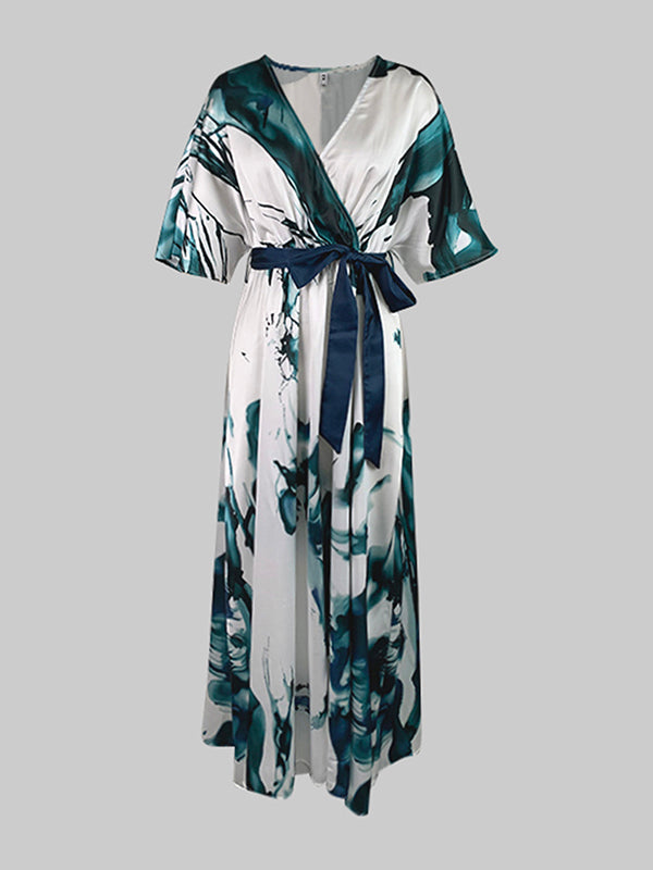 Batwing Sleeves Loose Printed Tied Waist V-Neck Evening Dresses Maxi Dresses