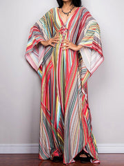Printed Split-Joint Striped Batwing Sleeves Loose V-Neck Maxi Dresses