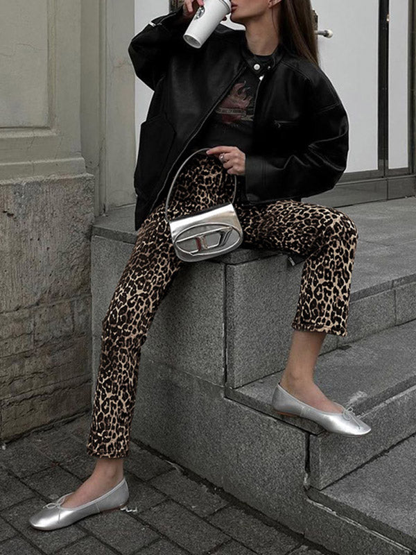 Leopard Pockets High Waisted Trousers Pants