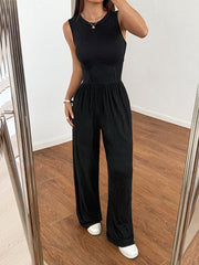 Solid Color High Waisted Loose Round-Neck Jumpsuits