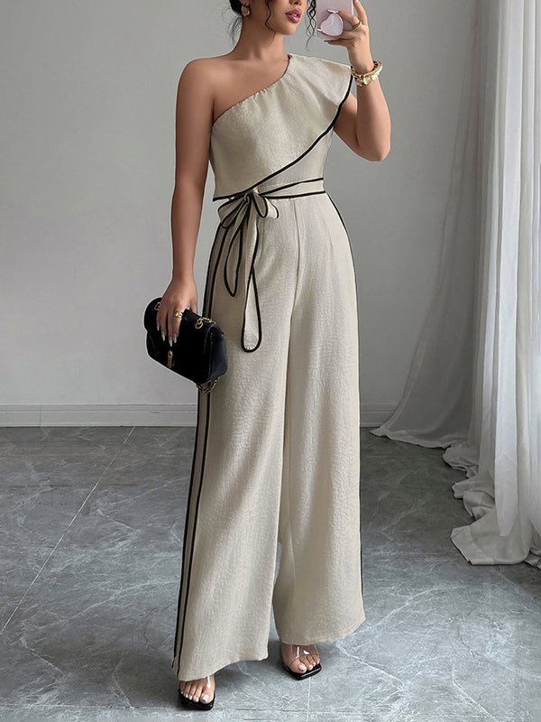 Elasticity Tied Waist High Waisted Wide Leg One-Shoulder Jumpsuits