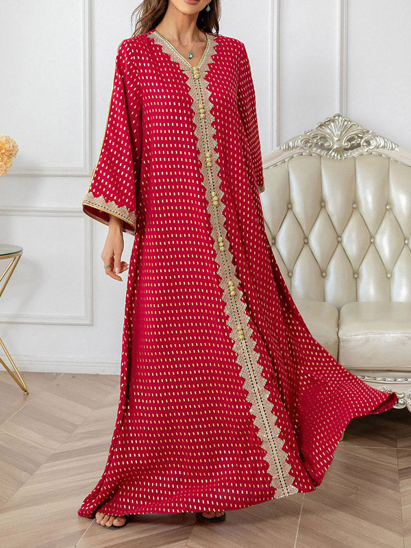 Muslim Polka-Dot Batwing Sleeves Long Sleeves V-Neck Maxi Dresses
