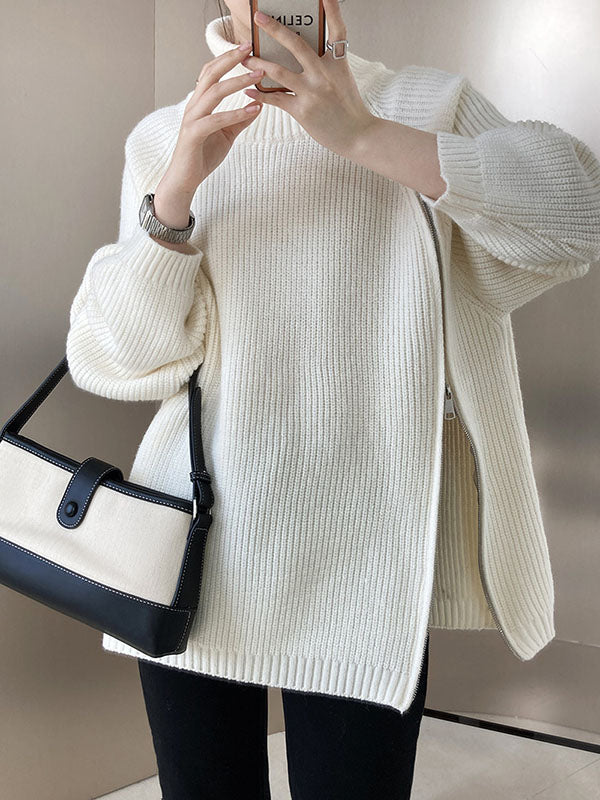 Urban Loose Long Sleeves Split-Side Solid Color Zipper Halter-Neck Sweater Tops