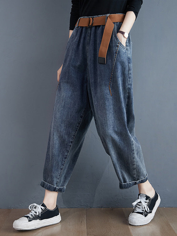 Artistic Retro Loose Velvet Elasticity Belted Jean Pants