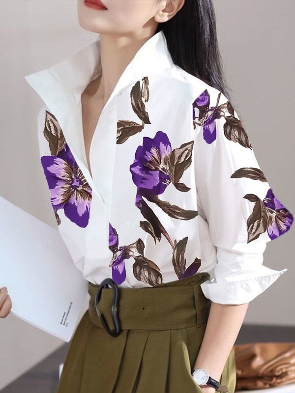 Flower Print Long Sleeves Loose Stand Collar Blouses&Shirts Tops