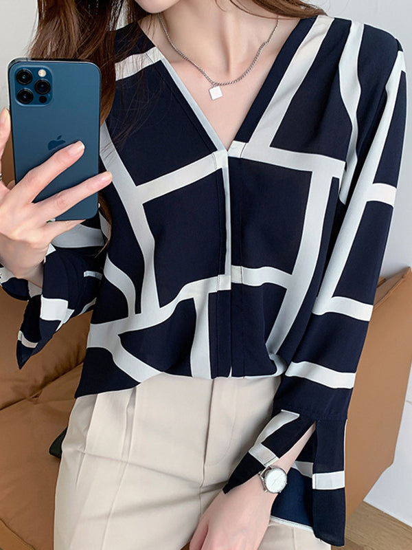 Printed Split-Side Long Sleeves Loose V-Neck Blouses&Shirts Tops