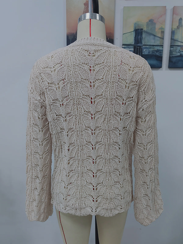 Original Creation Long Sleeves Loose Hollow Solid Color Round-Neck Sweater Tops