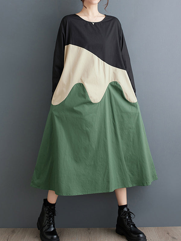 Asymmetric Contrast Color Split-Joint A-Line Long Sleeves Round-Neck Midi Dresses