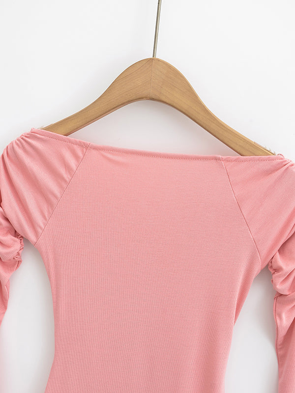 Pleated Solid Color Flared Sleeves Long Sleeves Boat Neck T-Shirts Tops