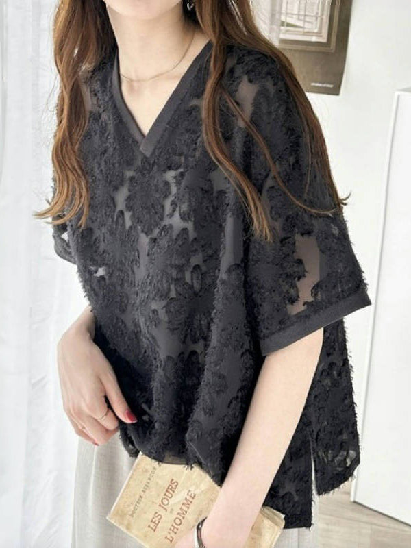 Mesh Solid Color Split-Side Half Sleeves Loose V-Neck Blouses&Shirts Tops