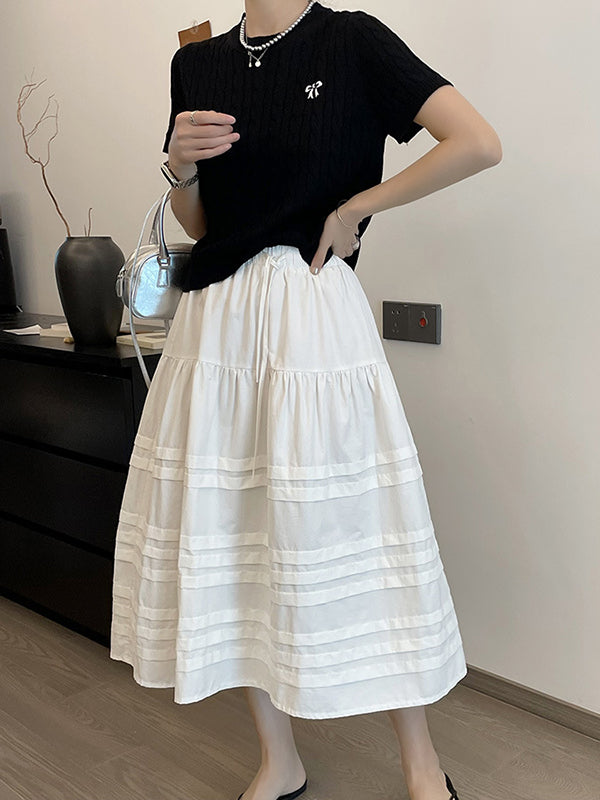 Drawstring Elasticity Pleated See-Through Solid Color Split-Joint A-Line Loose Skirts