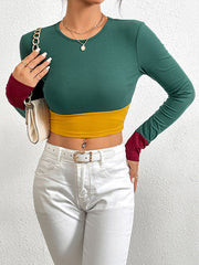 Contrast Color Long Sleeves Skinny Round-Neck T-Shirts Tops
