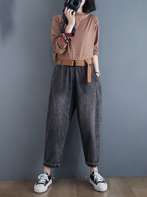 Artistic Retro Loose Velvet Elasticity Belted Jean Pants