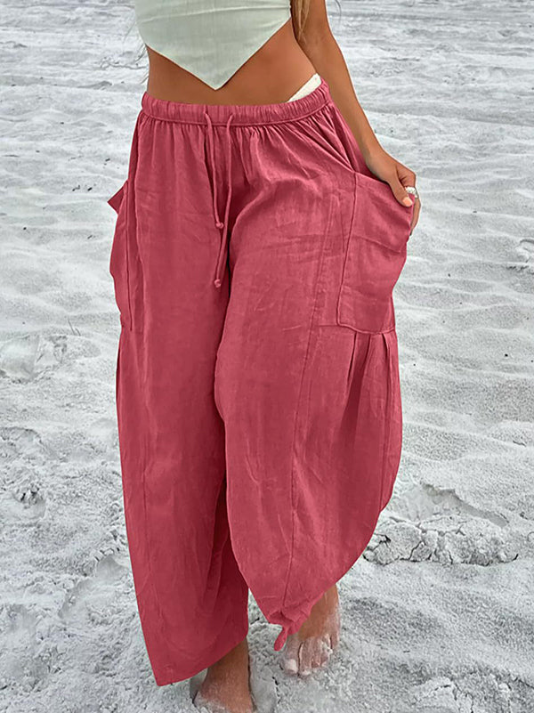 Drawstring Elasticity Pleated Pockets Solid Color High Waisted Loose Trousers Ninth Pants