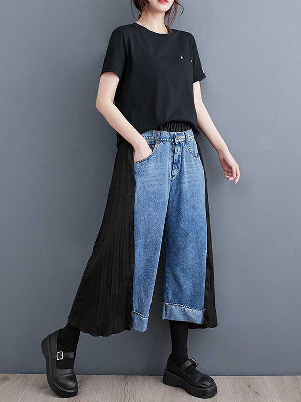 Elasticity Pleated Split-Joint High Waisted Loose Jean Pants Bottoms