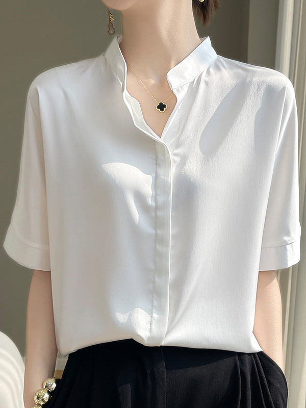 Buttoned Solid Color Loose Short Sleeves Stand Collar Blouses&Shirts Tops