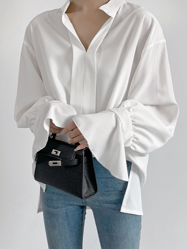 Solid Color Flared Sleeves High-low V-neck Blouses&shirts Tops