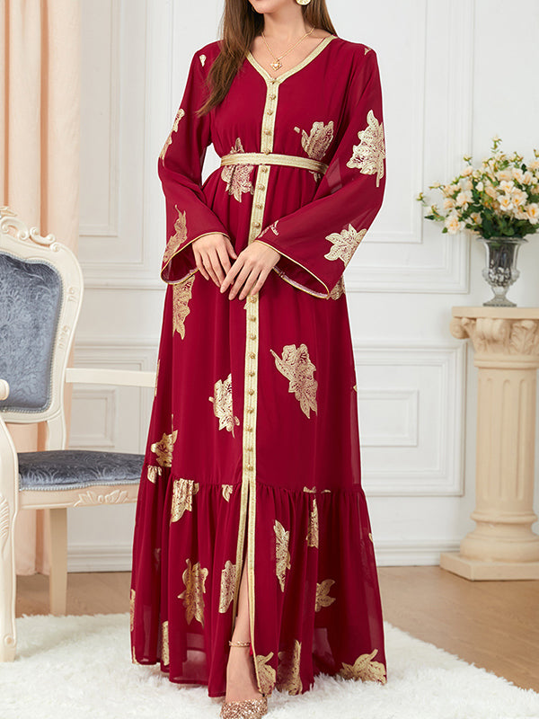 Pleated Printed Split-Front Split-Joint Tied Waist Long Sleeves Loose V-Neck Maxi Dresses