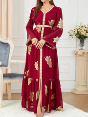 Pleated Printed Split-Front Split-Joint Tied Waist Long Sleeves Loose V-Neck Maxi Dresses