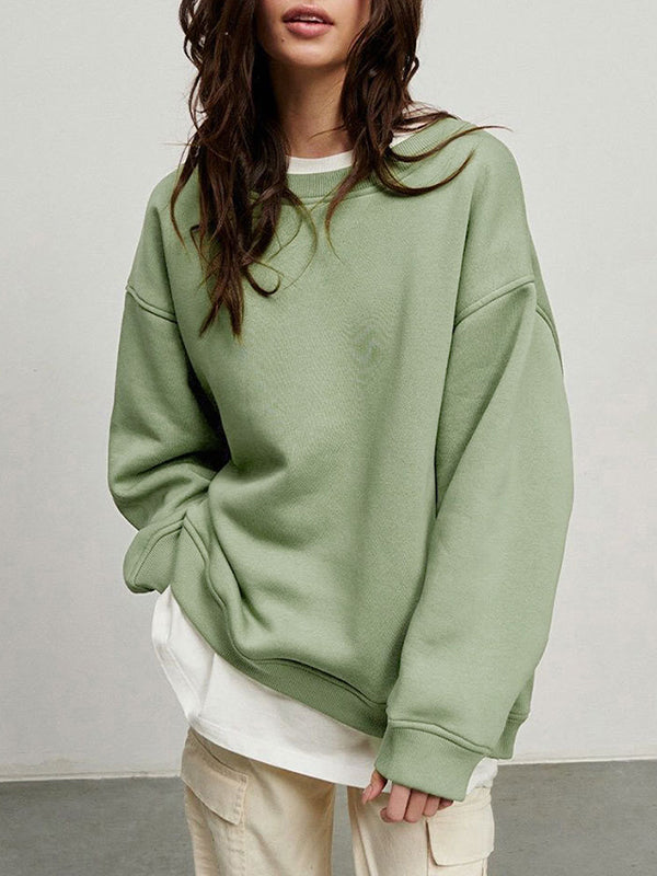Solid Color Long Sleeves Loose Round-Neck Sweatshirt Tops