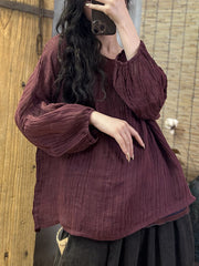 Pleated Solid Color Long Sleeves Loose Round-Neck T-Shirts