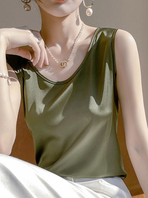 Solid Color Loose Sleeveless Round-Neck Vest Top