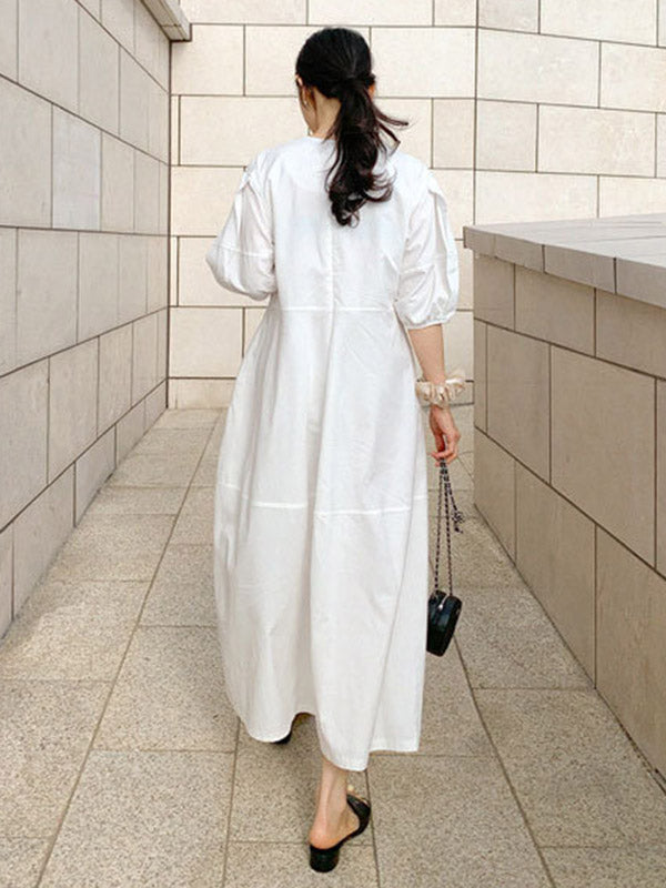 Casual Round-Neck Bishop Sleeve Loose Solid Color Midi Dress