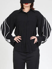 Buttoned Contrast Color Long Sleeves Loose Lapel Blouses&Shirts Tops