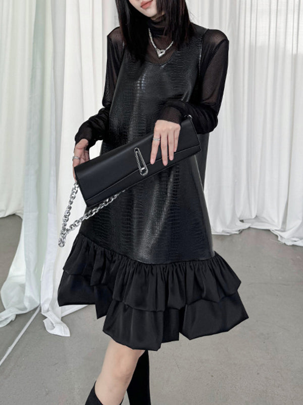 Pleated Split-Joint A-Line Loose U-Neck Mini Dresses