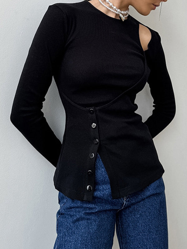 Asymmetric Buttoned Hollow Solid Color Split-Joint False Two Long Sleeves Round-Neck T-Shirts Tops
