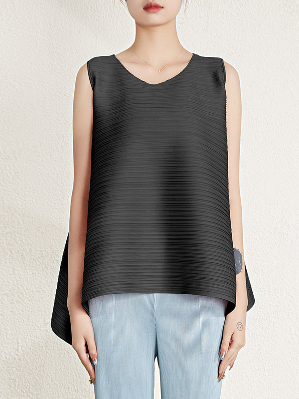 Cropped Sleeveless Pleated Round-Neck Vest Top