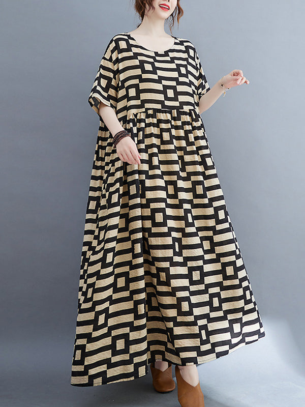 Plaid Loose Short Sleeves Round-Neck Midi Dresses