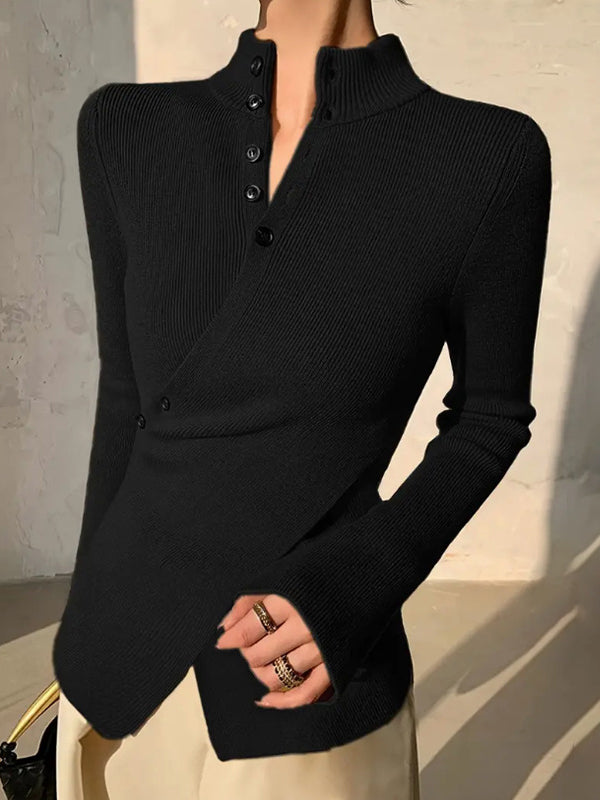 Asymmetric Split-front Split-Joint Long Sleeves V-neck Sweater Tops