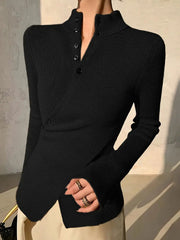 Asymmetric Split-front Split-Joint Long Sleeves V-neck Sweater Tops