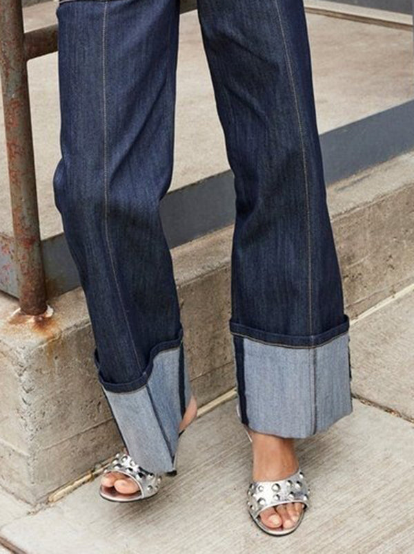 Contrast Color Split-Joint High Waisted Straight Leg Jean Pants Bottoms