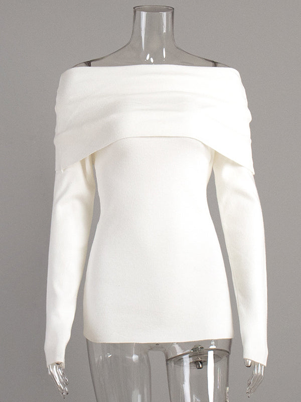 Solid Color Long Sleeves Loose Off-The-Shoulder Sweater Tops Pullovers