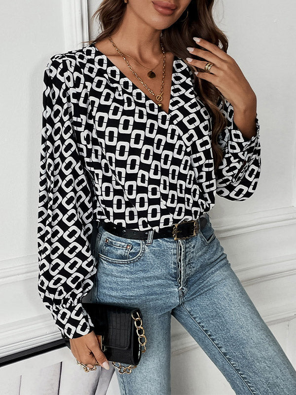Printed Long Sleeves Loose V-Neck Bodysuits