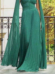 Long Sleeves Pleated Solid Color V-Neck Maxi Dresses