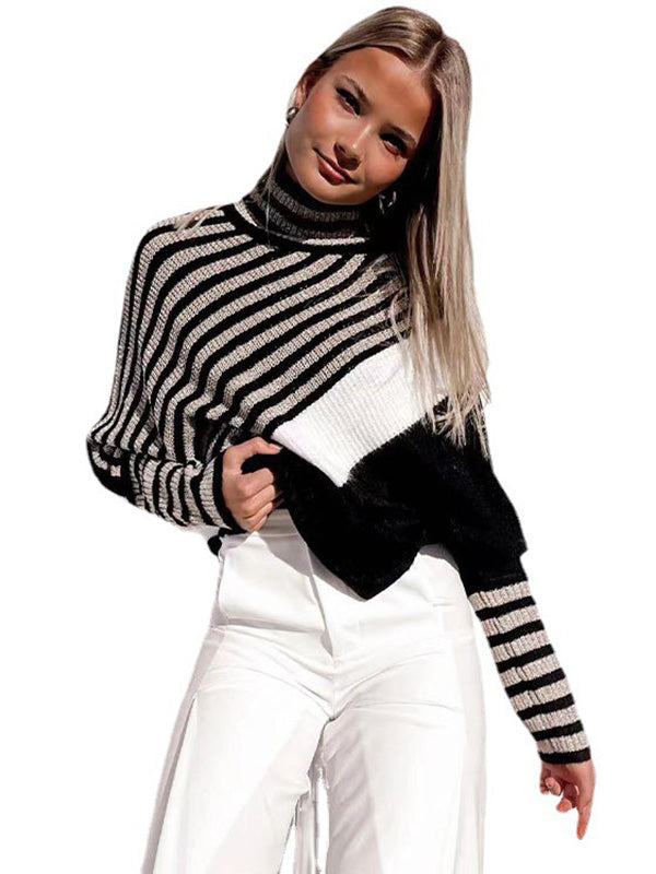 Trendy Batwing Sleeves Long Sleeves Striped High-Neck Sweater Tops