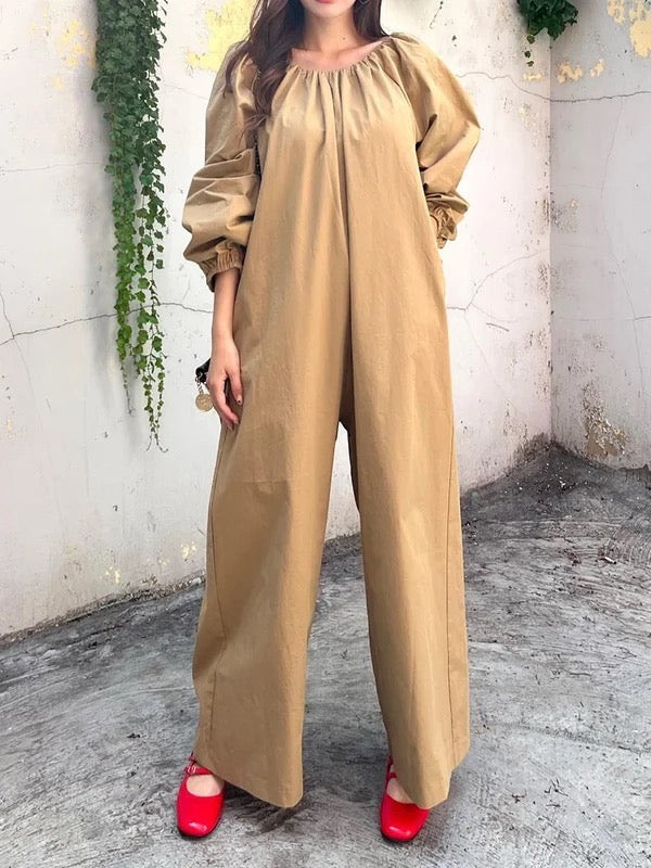 Elasticity Pleated Pockets Solid Color Long Sleeves Loose Round-neck Jumpsuits