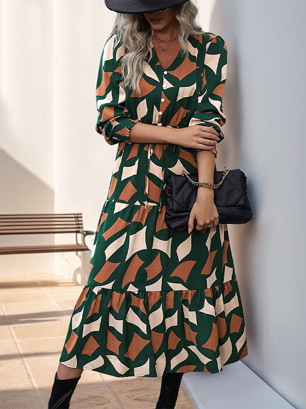 Buttoned Elasticity Pleated Printed Split-Joint Tied Waist A-Line Long Sleeves V-Neck Midi Dresses