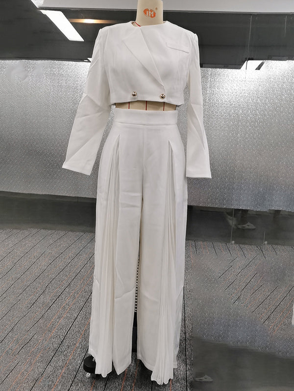 Round-Neck Long Sleeves Buttoned Solid Color Split-Joint Blazers Top +Zipper  Wide Leg Mesh Pleated Pants bottom Two Pieces Set