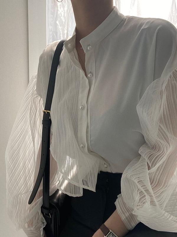 Asymmetric Buttoned See-Through Solid Color Split-Joint Long Sleeves Loose Stand Collar Blouses&shirts Tops
