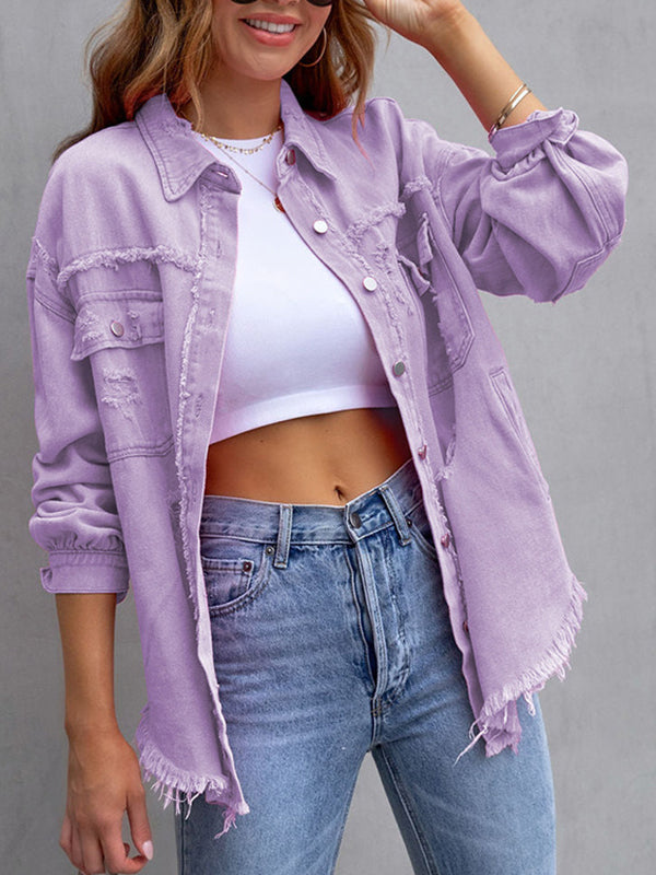 Fringed Pockets Long Sleeves Loose Lapel Outerwear