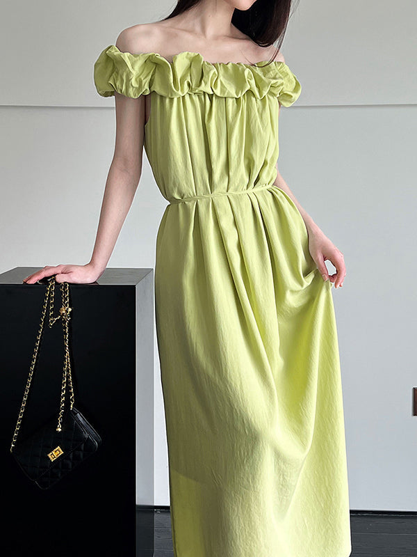 Elasticity Pleated Solid Color Split-Joint Loose Sleeveless Off-The-Shoulder Maxi Dresses