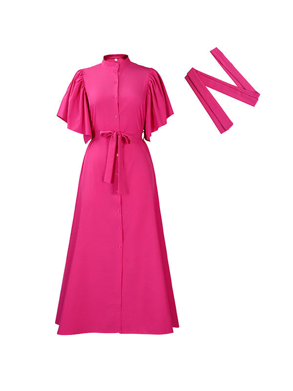 Pleated Solid Color Split-Joint Tied Waist Flared Sleeves Loose Stand Collar Shirt Dress Maxi Dresses